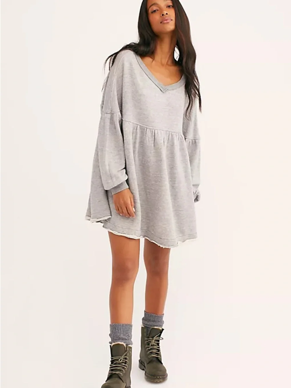 Free People Prudence Pullover Oversized Babydoll Mini Dress Heather Grey